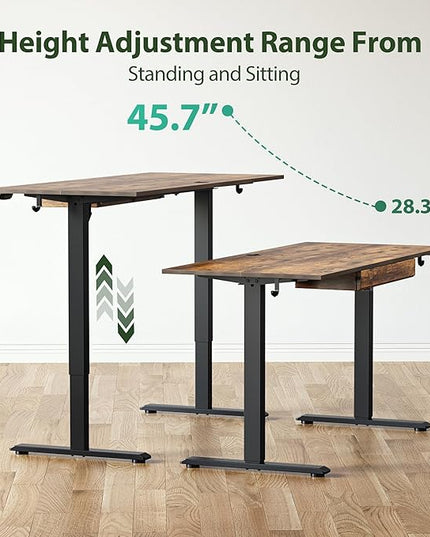 Adjustable Height Electric Standing Desk with Storage Wooden Drawer, 63 x 24 Inches Stand Up Home Office Computer Gaming Table with Splice Board for Work Office Home, Rustic Brown - LeafyLoom