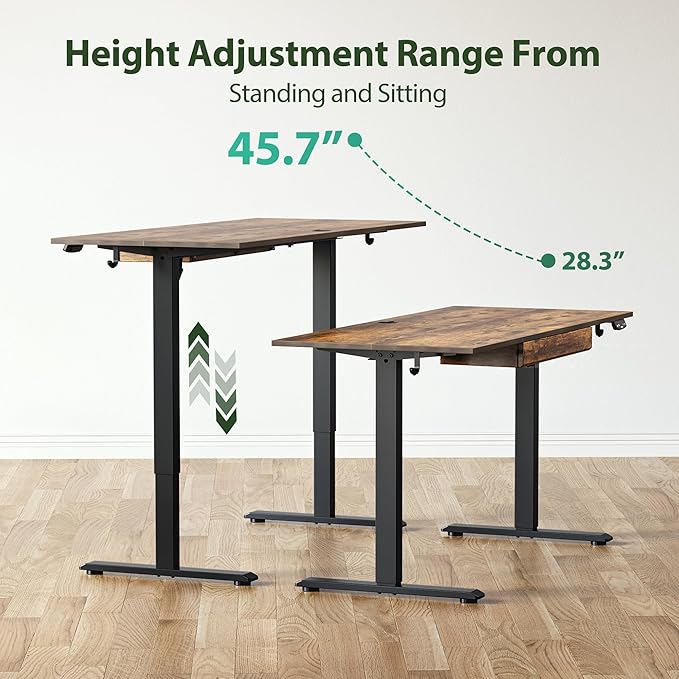 Adjustable Height Electric Standing Desk with Storage Wooden Drawer, 63 x 24 Inches Stand Up Home Office Computer Gaming Table with Splice Board for Work Office Home, Rustic Brown - LeafyLoom