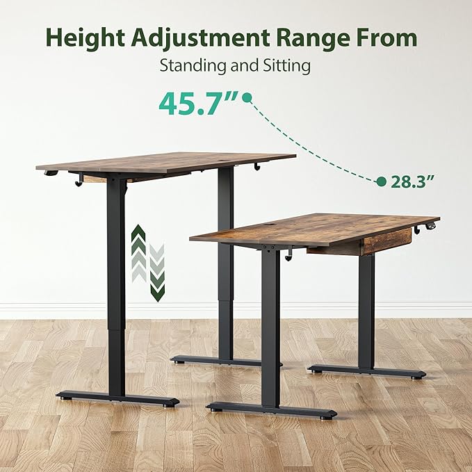Adjustable Height Electric Standing Desk with Storage Wooden Drawer, 48 x 24 Inches Stand Up Home Office Computer Gaming Table with Splice Board for Work Office Home, Rustic Brown - LeafyLoom