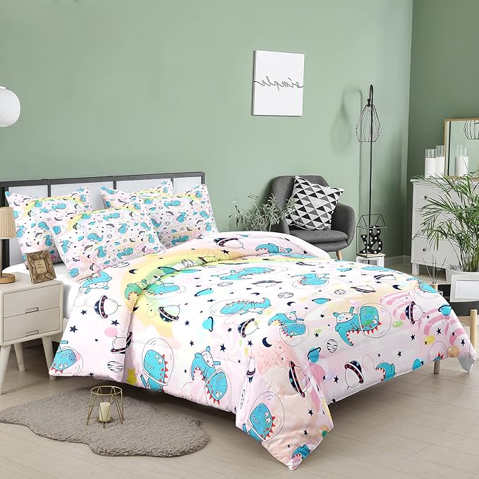 NINENINE Pink Dinosaur Comforter Set Colorful Rainbow Castle UFO Space Theme Bedding, Twin Comforter Sets for Boys Girls Kawaii Bedding Set with 1 Comforter 1 Pillowcase - LeafyLoom