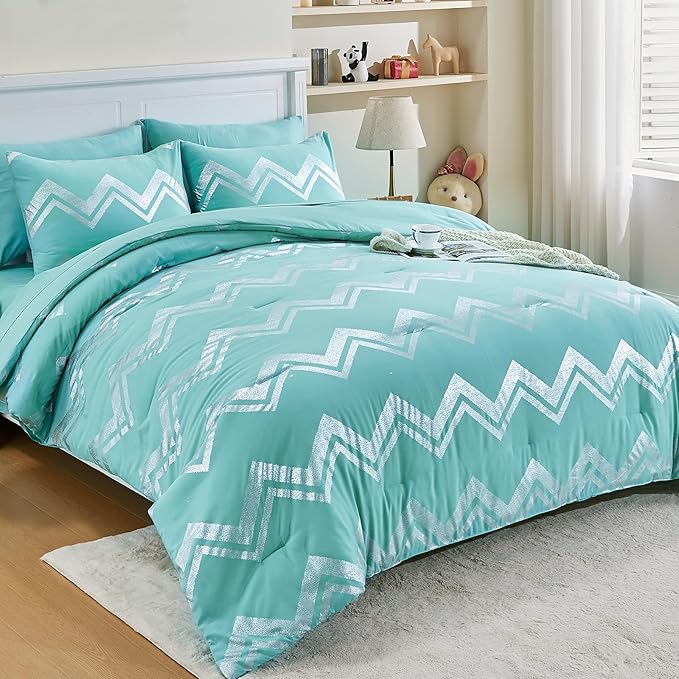 Wowelife Teal Comforter Set Queen7 Pieces Blue Glitter Metallic Bedding Set Full Teal Kids Comforter Set Breathable with Comforter, Flat Sheet, Fitted Sheet, 2 Pillow Shams and 2 Pillowcases - LeafyLoom