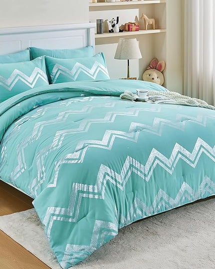 Wowelife 7 Pieces Comforter Set King Size Teal Silver Bedding Set Glitter Kids Bedding Set Blue Bed in a Bag Girls with Comforter, Flat Sheet, Fitted Sheet, 2 Pillow Shams and 2 Pillowcases - LeafyLoom