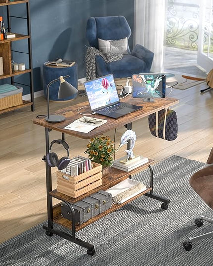 Height Adjustable Standing Desk with Power Outlets, 32" Manual Stand Up Desk with Storage Shelves Small Mobile Rolling Computer Desk Portable Laptop Table with Wheels for Home Office, Rustic - LeafyLoom