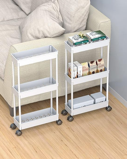 Sooyee 3 Tier Rolling Cart with Wheels,Slim Storage Cart,Narrow Storage Cabinet,Under Desk Storage,Rolling Utility Cart Storage Organizer for Office Bathroom Kitchen Laundry Room Narrow Places, White - LeafyLoom