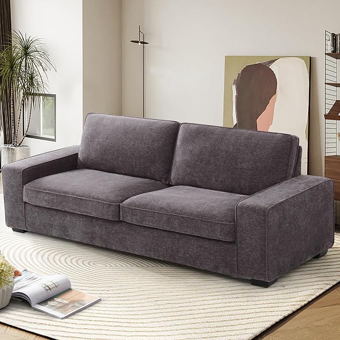 EASELAND Sofa Couch, 88" Chenille Loveseat for Living Room, 3 Seat Lounge Sofa for Bedroom with Removable Back and Seat Cushions, Modern Deep Comfy Couch with Solid Wood Legs and Armrest (Dark Grey) - LeafyLoom