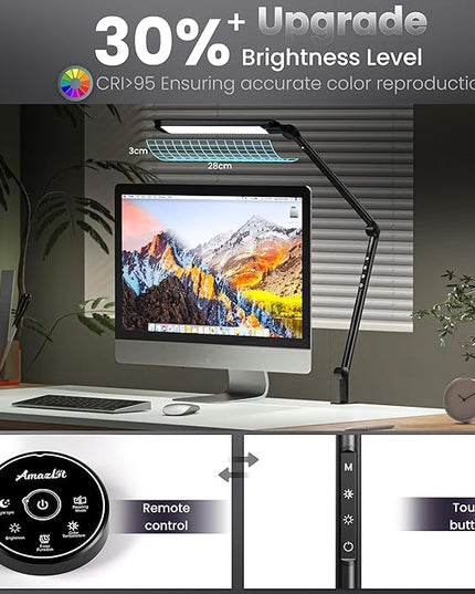 LED Desk Lamp with Clamp, 12W Eye-Caring Swing Arm Table Lamp, Stepless Dimming and Adjustable Color Temperature,Modern Architect Lamp with Memory and Timing Function for Study, Work, Home, Office - LeafyLoom