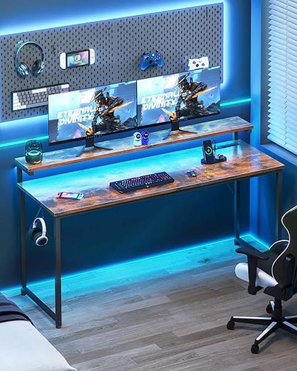 AODK Computer Desk Large Desk with LED Lights and Power Outlet, 63 Inch Office Desk with Adjustable Monitor Shelf (3 Heights), Study Writing Large Desk PC Desk for Home, Rustic Brown - LeafyLoom