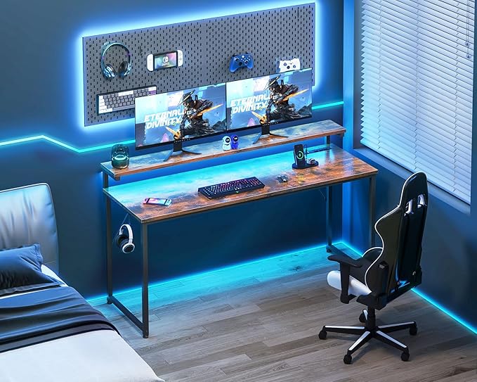 AODK Computer Desk Large Desk with LED Lights and Power Outlet, 63 Inch Office Desk with Adjustable Monitor Shelf (3 Heights), Study Writing Large Desk PC Desk for Home, Rustic Brown - LeafyLoom