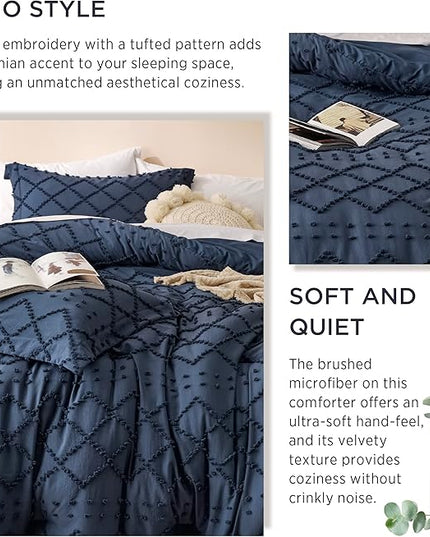 Bedsure Full Size Comforter Set - Navy Blue Comforter, Boho Tufted Shabby Chic Bedding Comforter Set, 3 Pieces Vintage Farmhouse Bed Set for All Seasons, Fluffy Bedding Set with 2 Pillow Shams - LeafyLoom