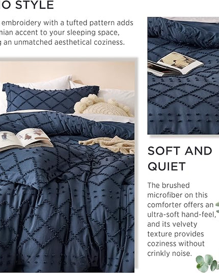 Bedsure Queen Comforter Set - Navy Blue Comforter, Boho Tufted Shabby Chic Bedding Comforter Set, 3 Pieces Vintage Farmhouse Bed Set for All Seasons, Fluffy Soft Bedding Set with 2 Pillow Shams - LeafyLoom