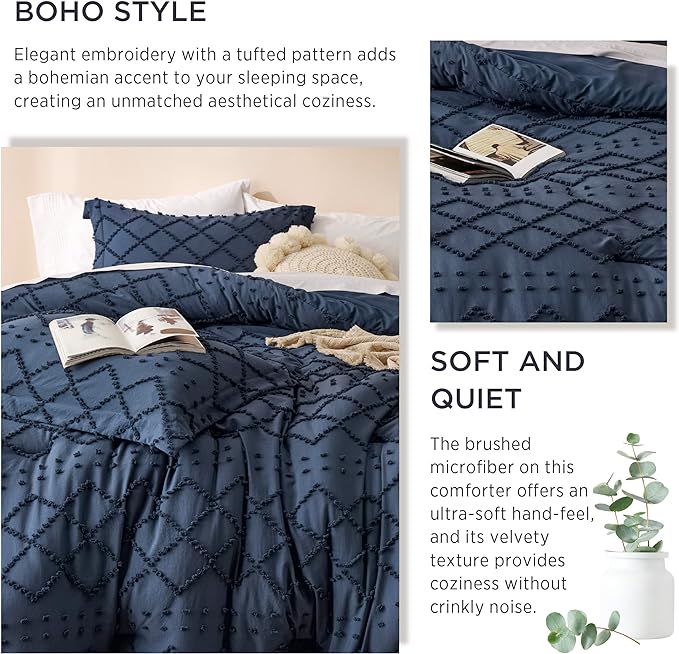 Bedsure Queen Comforter Set - Navy Blue Comforter, Boho Tufted Shabby Chic Bedding Comforter Set, 3 Pieces Vintage Farmhouse Bed Set for All Seasons, Fluffy Soft Bedding Set with 2 Pillow Shams - LeafyLoom