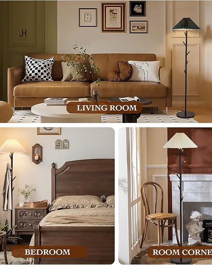 Unique Floor Lamps Modern,Black Simple Floor Lamp with Coat Rack,Tree LED standing lamp ,Lamparas De Pie Para Sala for Living Room Office or Bedroom - Includes Two Pleated Lampshades (Beige+Green) - LeafyLoom