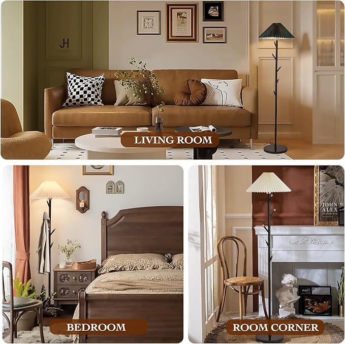 Unique Floor Lamps Modern,Black Simple Floor Lamp with Coat Rack,Tree LED standing lamp ,Lamparas De Pie Para Sala for Living Room Office or Bedroom - Includes Two Pleated Lampshades (Beige+Green) - LeafyLoom
