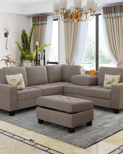 85" L-Shape Sectional Corner Sofa with Storage Ottoman, Modern Linen Upholstered Couch w/Convenient Cup Holder, for Living Room, Apartment, 85 Inch, Brown - LeafyLoom