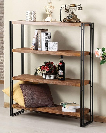 4 Tier Bookshelf Rustic Industrial Bookcase with Modern Open Wood Shelves, Brown - LeafyLoom
