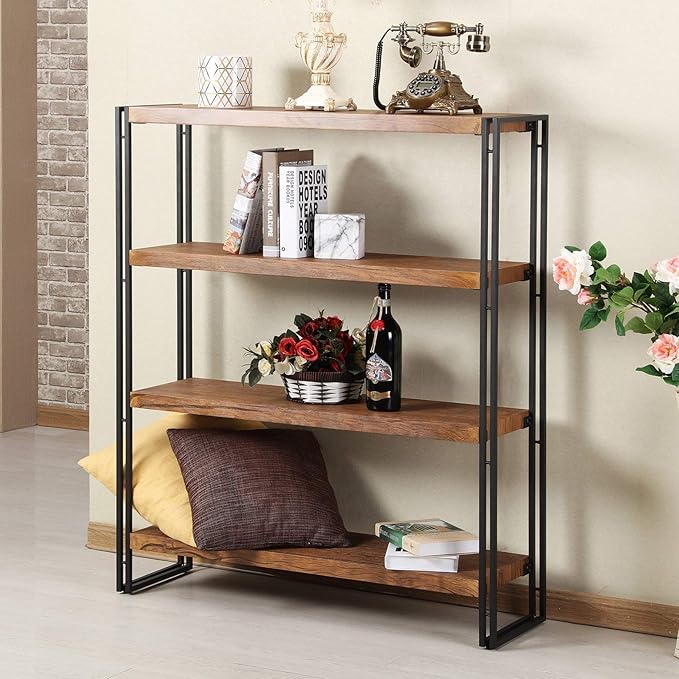 4 Tier Bookshelf Rustic Industrial Bookcase with Modern Open Wood Shelves, Brown - LeafyLoom