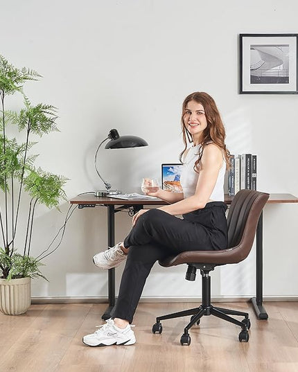 YOUNIKE Armless Office Chair with Wheels Swivel Rolling Desk Chair Leather Upholstered Adjustable Computer Task Chair Modern Rocking Recline Gaming Chair Brown - LeafyLoom