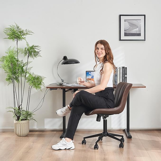 YOUNIKE Armless Office Chair with Wheels Swivel Rolling Desk Chair Leather Upholstered Adjustable Computer Task Chair Modern Rocking Recline Gaming Chair Brown - LeafyLoom