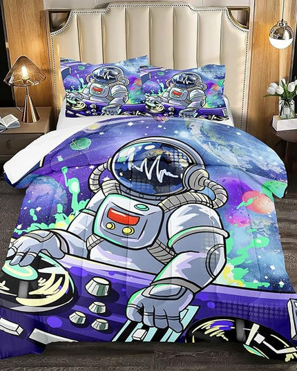 Outer Space Astronaut Full Comforter Sets for Teens Boys Galaxy Astronaut Space Bedding Themed Bedroom Decor Kids Comforter Sets Boys Room, 1 Comforter 2 Pillowcases - LeafyLoom