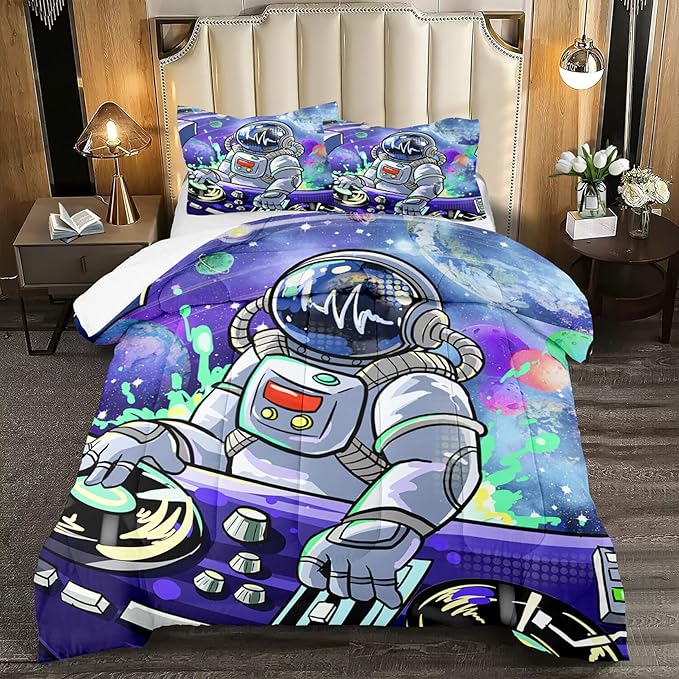 Outer Space Astronaut Full Comforter Sets for Teens Boys Galaxy Astronaut Space Bedding Themed Bedroom Decor Kids Comforter Sets Boys Room, 1 Comforter 2 Pillowcases - LeafyLoom