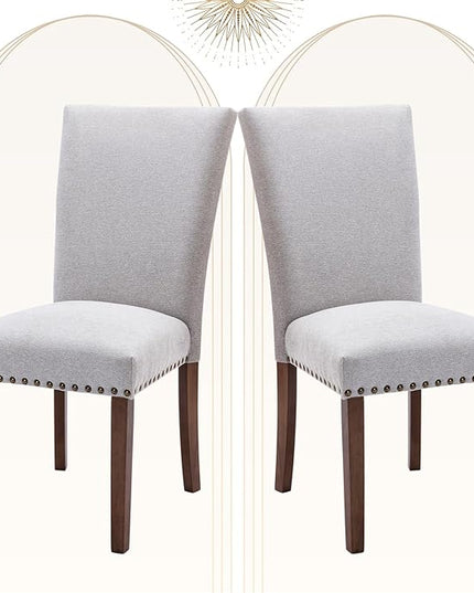 COLAMY Upholstered Parsons Dining Chairs Set of 2, Fabric Dining Room Kitchen Side Chair with Nailhead Trim and Wood Legs - Light Grey - LeafyLoom