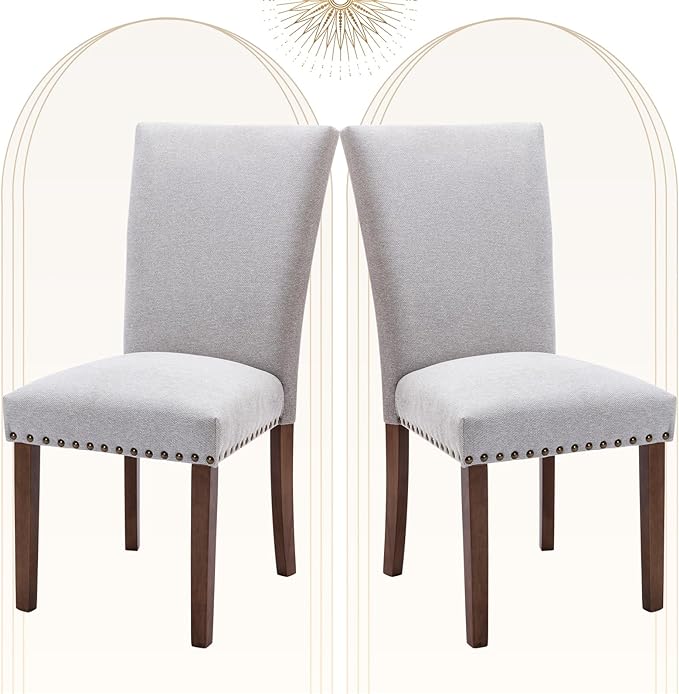 COLAMY Upholstered Parsons Dining Chairs Set of 2, Fabric Dining Room Kitchen Side Chair with Nailhead Trim and Wood Legs - Light Grey - LeafyLoom