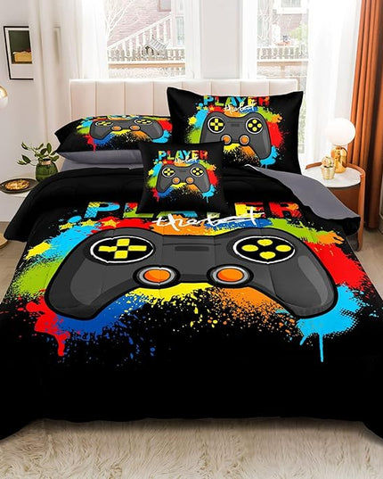 Kids Gaming Bedding Sets, 5 Piece Gamer Comforter Sets for Teens Boys Twin Size for Bedroom Comforter Set Adult 3D Gamepad Microfiber Bedding Sets Fits All Season Bedding Comforter Sets - LeafyLoom