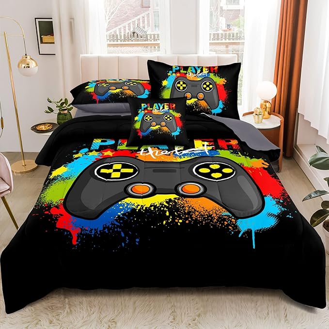 Kids Gaming Bedding Sets, 6 Piece Gamer Comforter Sets for Teens Boys Full Size for Bedroom Comforter Set Adult 3D Gamepad Microfiber Bedding Sets Fits All Season Bedding Comforter Sets - LeafyLoom