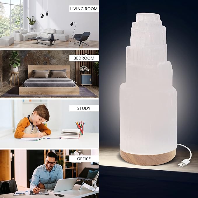 Himalayan Glow WBM Selenite Crystal Lamp, Morrocan Lamp Decorative Night Light | 7 Inch Tall - LeafyLoom