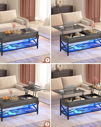 Coffee Table, Lift Top Coffee Table with Storage, LED Light & Power Outlet and Hidden Compartment, Retro Center Table for Living Room, X Support Wood Tabletop, Metal Frame, Black Oak - LeafyLoom