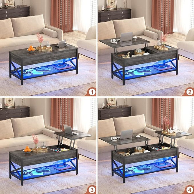 Coffee Table, Lift Top Coffee Table with Storage, LED Light & Power Outlet and Hidden Compartment, Retro Center Table for Living Room, X Support Wood Tabletop, Metal Frame, Black Oak - LeafyLoom