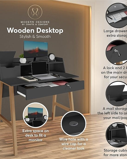Roma Writing Desk - Elegant Wood Study Desk With Storage, Cable Holes & Drawers - Work Table for Home, Office, Dorm, Small Spaces - Compact Black Desk, 40x19x36.9” (black) - LeafyLoom