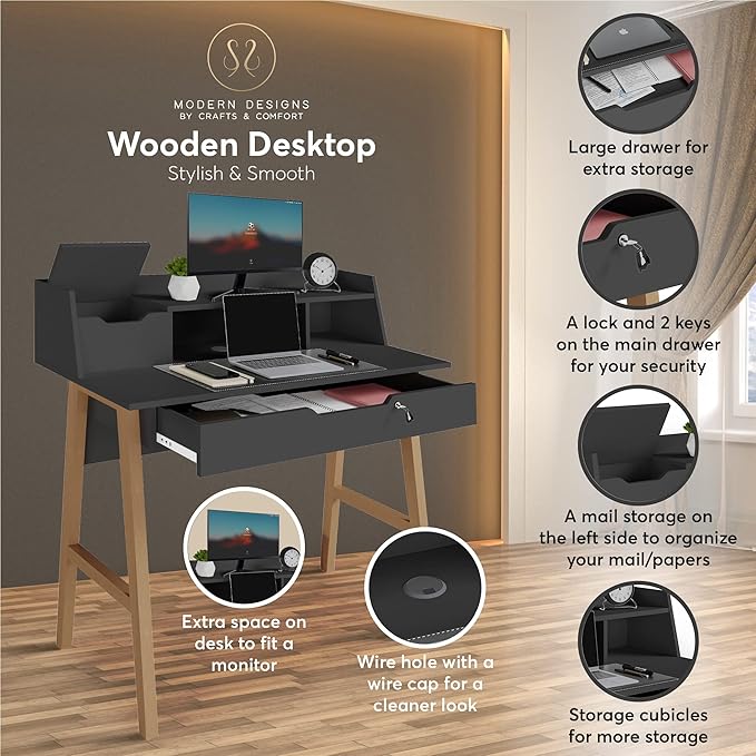 Roma Writing Desk - Elegant Wood Study Desk With Storage, Cable Holes & Drawers - Work Table for Home, Office, Dorm, Small Spaces - Compact Black Desk, 40x19x36.9” (black) - LeafyLoom
