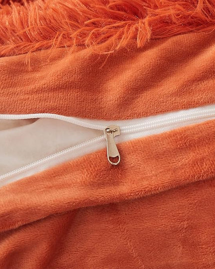 Fluffy Orange Comforter Cover Set Queen - Ultra Soft Plush Burnt Orange Bedding Sets 3 Pieces (1 Faux Fur Duvet Cover + 2 Faux Fur Pillow case) Boho Orange Queen Bed Sets (Dark Orange, Queen) - LeafyLoom