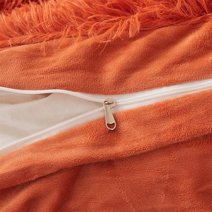 Fluffy Orange Comforter Cover Set Queen - Ultra Soft Plush Burnt Orange Bedding Sets 3 Pieces (1 Faux Fur Duvet Cover + 2 Faux Fur Pillow case) Boho Orange Queen Bed Sets (Dark Orange, Queen) - LeafyLoom