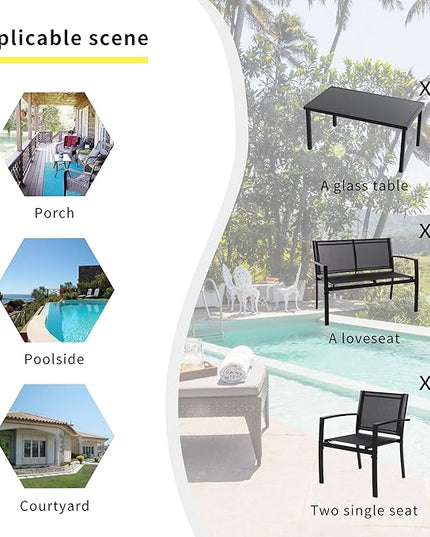 Shintenchi 4 Pieces Patio Furniture Set All Weather Textile Fabric Outdoor Conversation Set, with Glass Coffee Table, Loveseat, 2 Single Chairs for Home, Garden, Lawn, Porch（Black） - LeafyLoom