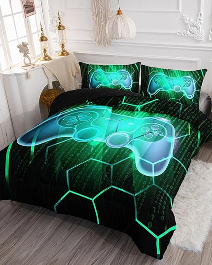 Axolotl Gamepad Comforter Set Twin Size,Number Video Gaming Gamer Bedding Set,Boys Game Console Comforter Set,Geometry Hexagonal Bedding Set for Teens Men Adults,1 Quilt 2 Pillowcases,Green Black - LeafyLoom