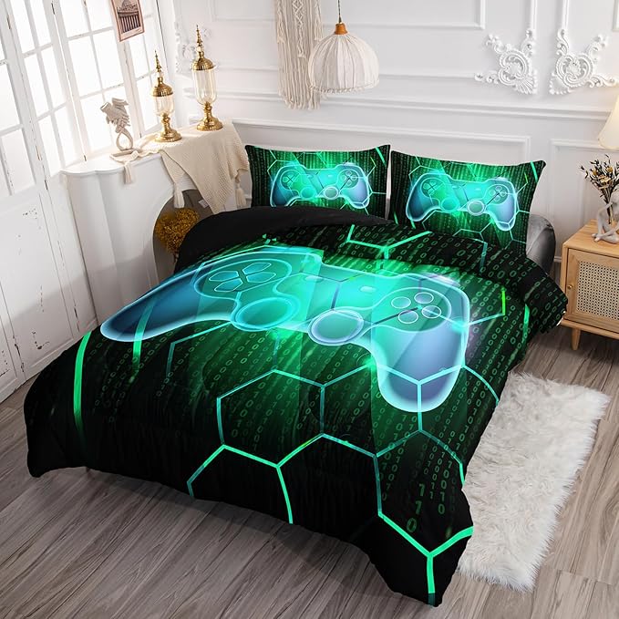 Axolotl Gamepad Comforter Set Queen Size,Number Video Gaming Gamer Bedding Set,Boys Game Console Comforter Set,Geometry Hexagonal Bedding Set for Teens Men Adults,1 Quilt 2 Pillowcases,Green Black - LeafyLoom