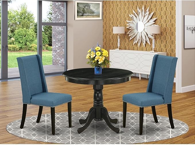 East West Furniture Antique 3 Piece Modern Set Contains a Round Kitchen Table with Pedestal and 2 Blue Linen Fabric Parson Dining Chairs, 36x36 Inch, ANFL3-ABK-21 - LeafyLoom
