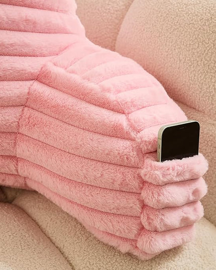 WERDIM Reading Pillow for Sitting in Bed, Faux Fur Back Pillow for Bed Rest, Bed Chair Pillow with Arms and Pockets(Large, Pink) - LeafyLoom