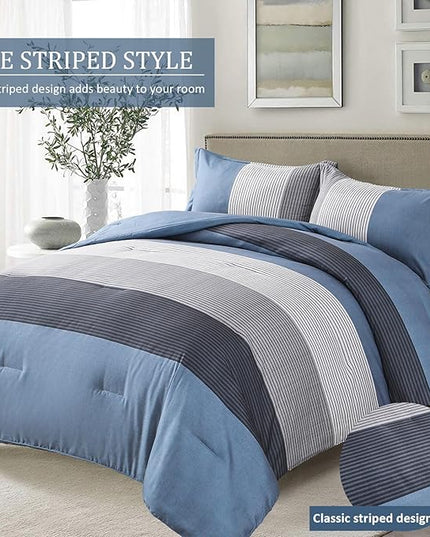 WONGS BEDDING Comforter Set Queen Size, Reversible Blue Grey Striped Patchwork Alternative Comforter for Queen Bed,3 Pieces (1 Comforter+2 Pillowcases), Soft Microfiber Bedding Duvet Set 90”×90” - LeafyLoom