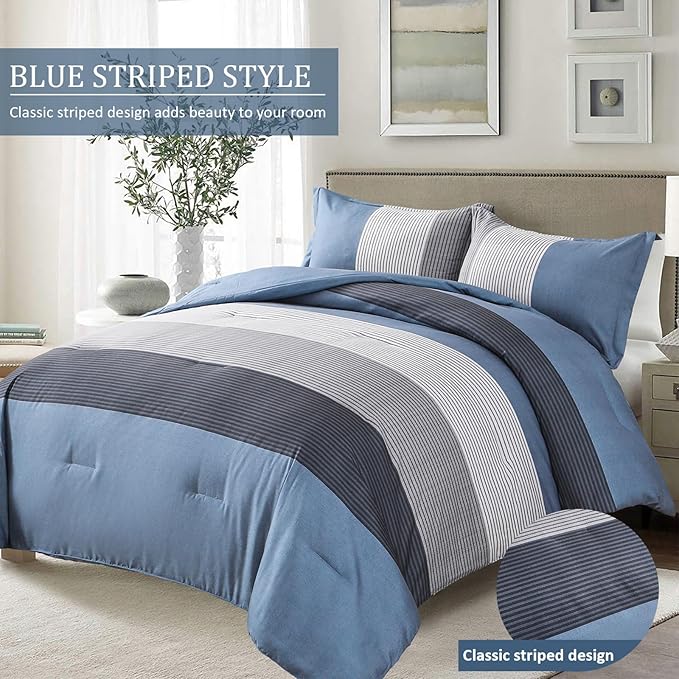 WONGS BEDDING Comforter Set Queen Size, Reversible Blue Grey Striped Patchwork Alternative Comforter for Queen Bed,3 Pieces (1 Comforter+2 Pillowcases), Soft Microfiber Bedding Duvet Set 90”×90” - LeafyLoom
