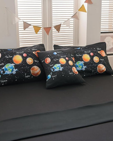 6 Pcs Outer Space Bedding Set Twin Solar System Comforter Set Universe Planets Theme Comforter for Boys Kids Ultra-Soft (1 Comforter, 2 Pillowcases, 1 Flat Sheet, 1 Fitted Sheet,1 Pillowcover) - LeafyLoom