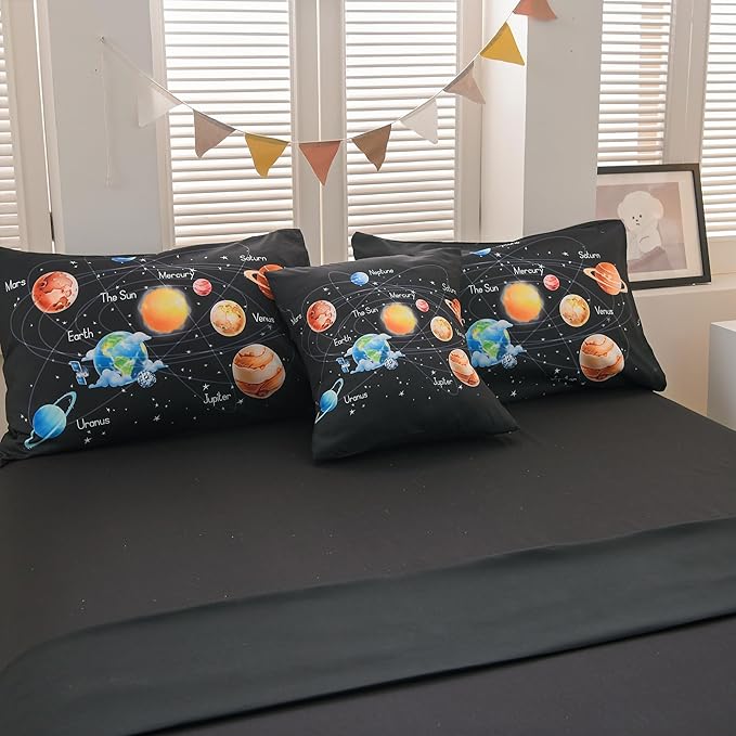 6 Pcs Outer Space Bedding Set Twin Solar System Comforter Set Universe Planets Theme Comforter for Boys Kids Ultra-Soft (1 Comforter, 2 Pillowcases, 1 Flat Sheet, 1 Fitted Sheet,1 Pillowcover) - LeafyLoom