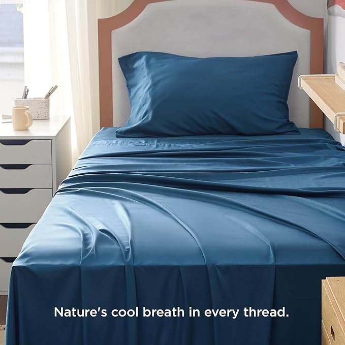 Bedsure Twin XL Sheet Set Dorm Bedding, Cooling Sheets Twin Extra Long Sheets, Rayon Derived from Bamboo, Deep Pocket Up to 16", Hotel Luxury Silky Bedding Sheets & Pillowcases, Peacock Blue - LeafyLoom