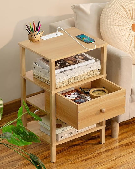 Lerliuo Nightstand with Charging Station and USB Ports, 3-Tier Storage End Table with Drawer Shelf, Night Stand for Small Spaces, Wood Bedside Table for Living Room, Bedroom - Natural Wood - LeafyLoom