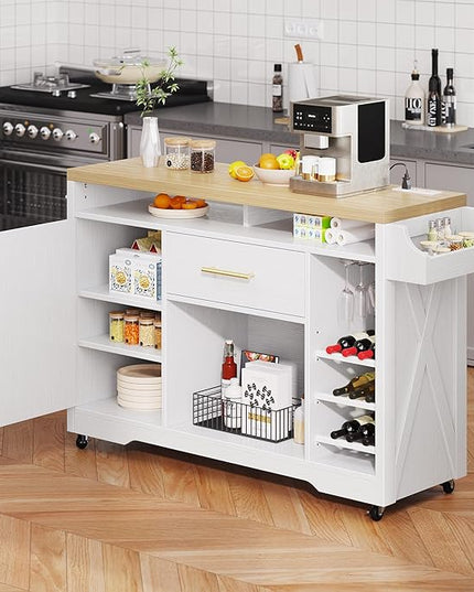 YITAHOME 53 Inch Large Kitchen Island with Power Outlet & Wine Storage, Portable Rolling Islands Cabinet on Wheels Farmhouse w Thick Table Top Drawer Glass Holder Spice Rack, White & Oak - LeafyLoom