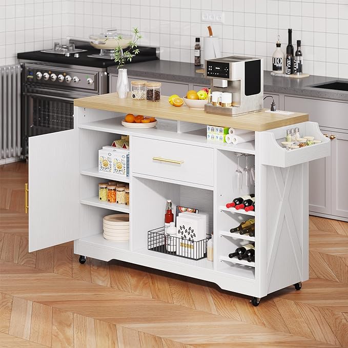 YITAHOME 53 Inch Large Kitchen Island with Power Outlet & Wine Storage, Portable Rolling Islands Cabinet on Wheels Farmhouse w Thick Table Top Drawer Glass Holder Spice Rack, White & Oak - LeafyLoom