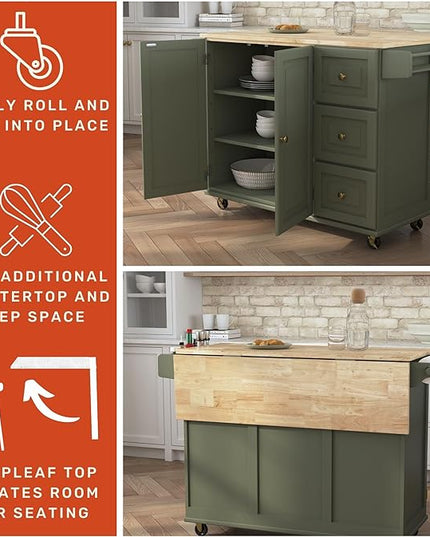 Homestyles Mobile Kitchen Island Cart with Wood Top and Dropleaf Breakfast Bar, 18" D x 53.5" W x 36" H, Green - LeafyLoom