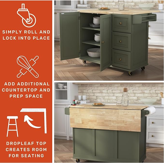 Homestyles Mobile Kitchen Island Cart with Wood Top and Dropleaf Breakfast Bar, 18" D x 53.5" W x 36" H, Green - LeafyLoom